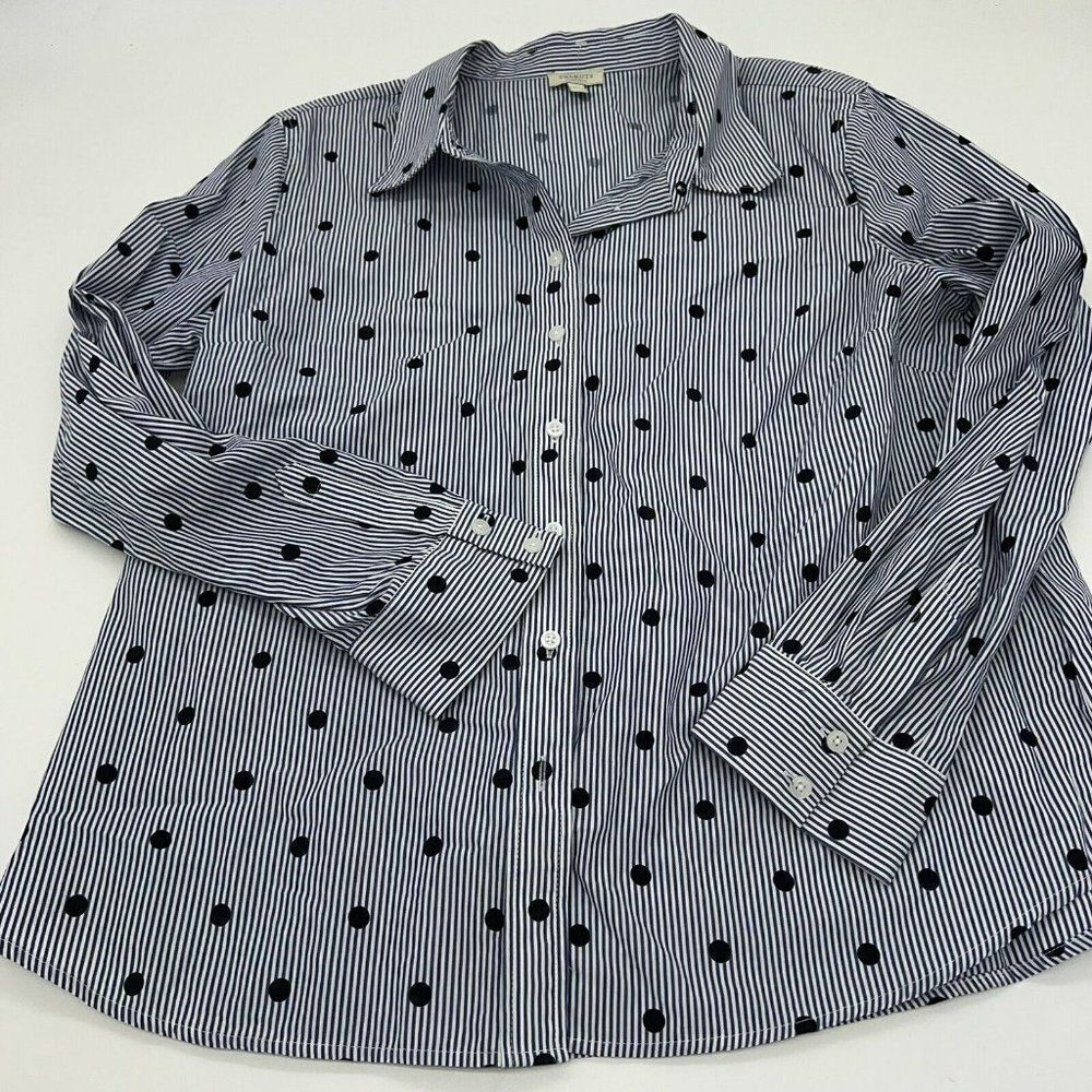 TALBOTS CLASSIC COTTON SHIRT  BLUE WHITE STRIPED Polka DOT SZ PL
